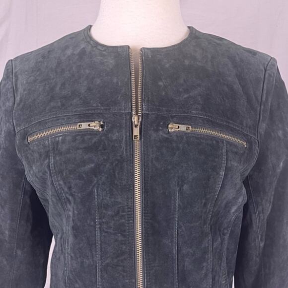 Vintage Suede Cropped Lady Jacket Womens Medium Dark Grey Green Fitted Fall - Picture 2 of 10